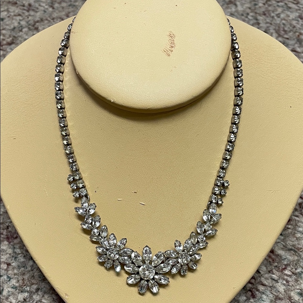 Vintage SHERMAN silver Diamond Crystal Floral Necklace- STUNNING RARE